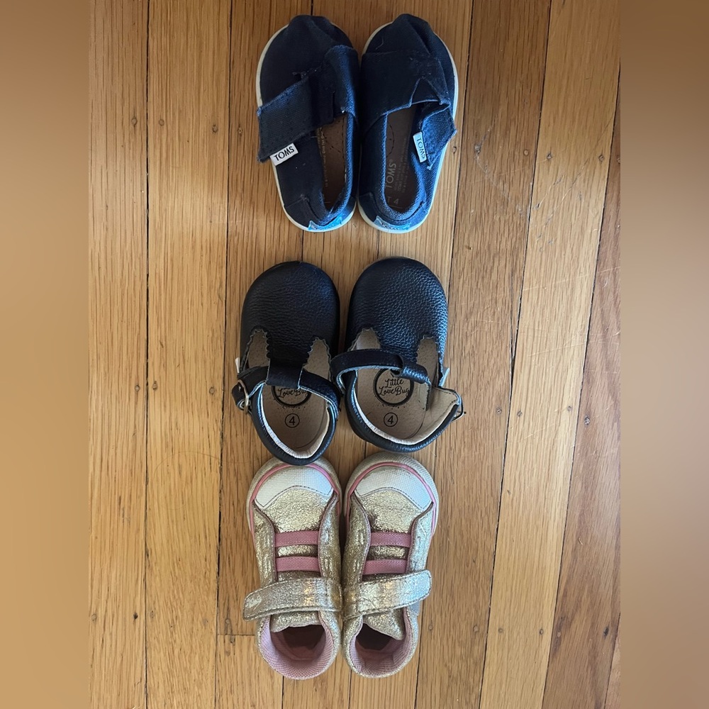 (3) sets of girl shoes. Size 4 or first walkers.